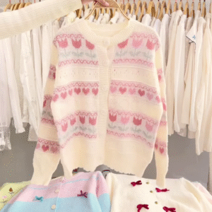 Lace-Trim Floral Embroidered Sweaters & Bow-Collar Buttoned Tops 🧥 Available in Blue & Pink