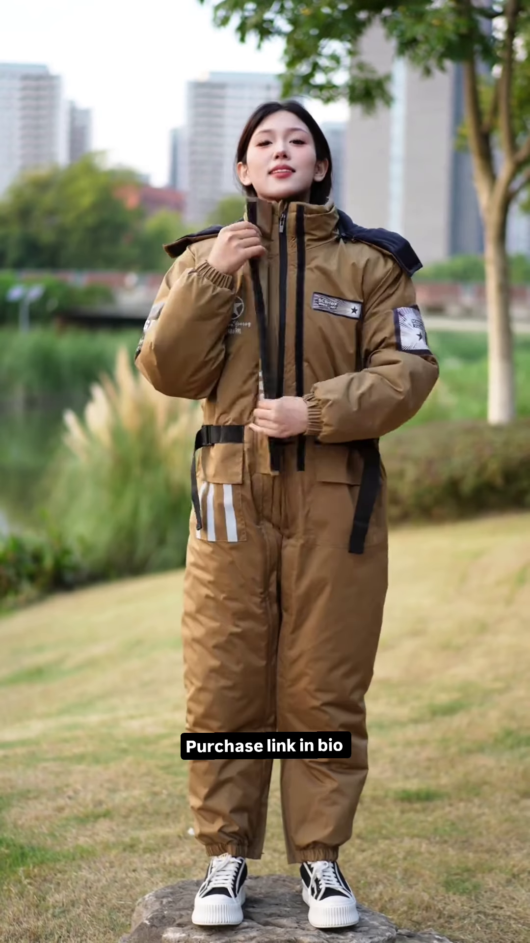 Brown Utility Jumpsuit π§ with Reflective Strips & Patch Details - Image 2