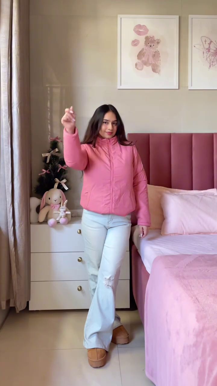Pink Winter Jacket Look 💗 with Ripped Jeans & Brown Shoes – Cozy Bedroom Edit - Image 2