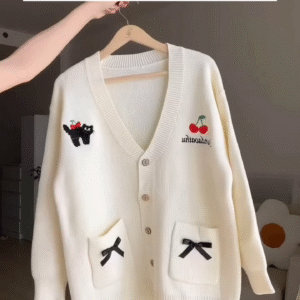 Oversized Woolen Cardigan 🧵💙 With Bow Pockets & Emblem Detail – White & Blue Variant