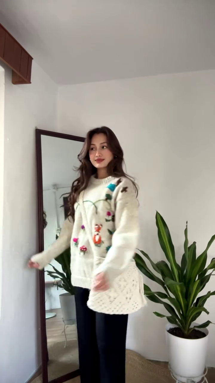 Whimsical Nature-Embroidered Knit Sweater ππ¦πΌ β Beige Base with Colorful Storybook Detailing