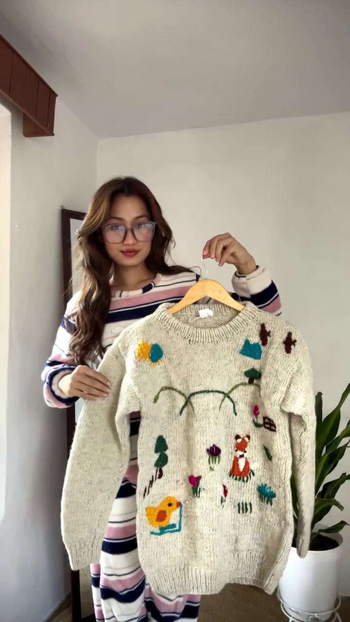 Whimsical Nature-Embroidered Knit Sweater ππ¦πΌ β Beige Base with Colorful Storybook Detailing - Image 2