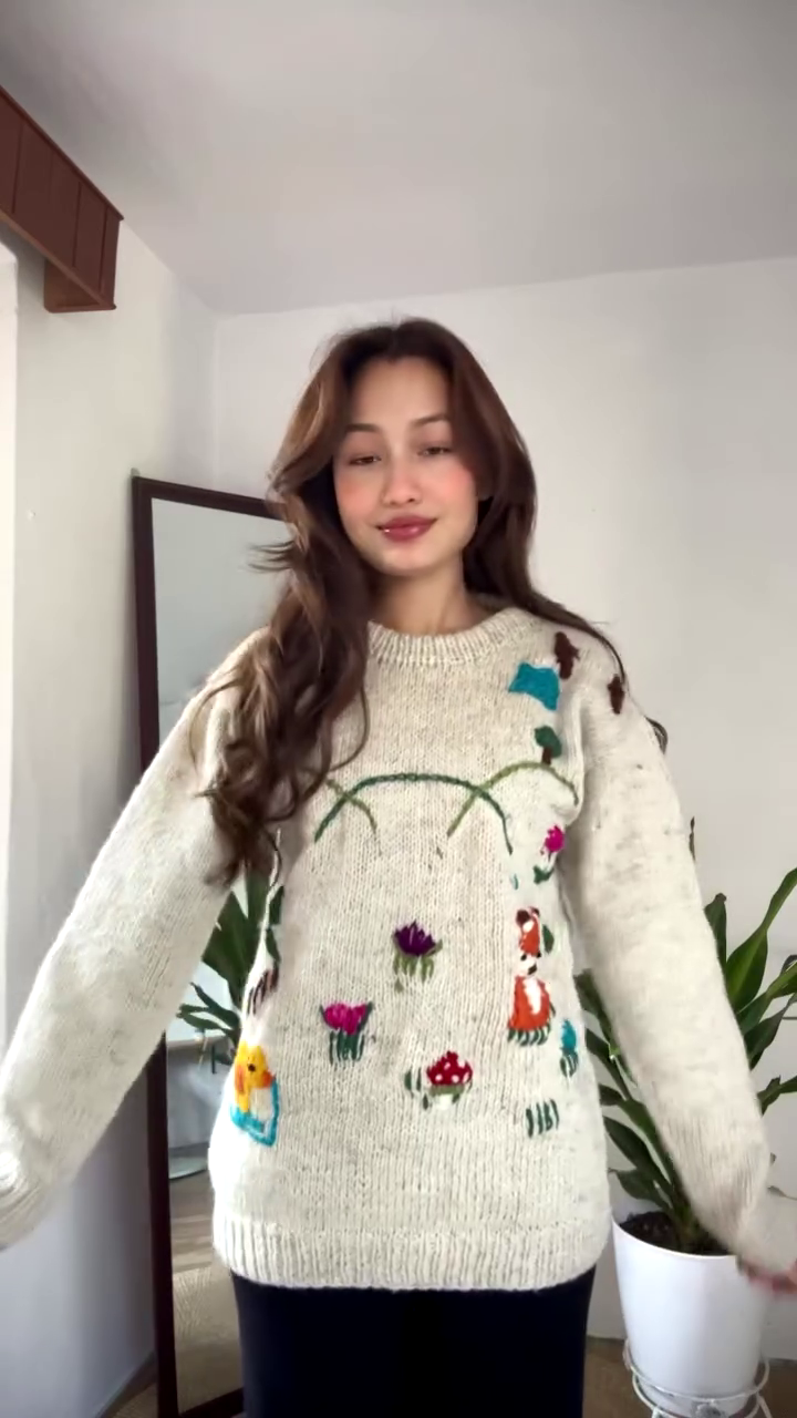 Whimsical Nature-Embroidered Knit Sweater ππ¦πΌ β Beige Base with Colorful Storybook Detailing - Image 3