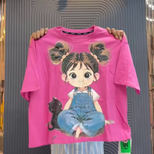 Cute Cartoon Girl Oversized T-Shirt for Women | Trendy Pink Graphic Tee | Casual Korean Style Top in Pink, Black & White