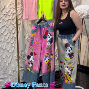 Trendy Disney Cartoon Wide Leg Pants for Women | Stylish Pink & Black Graphic Palazzo Pants | Cute Oversized Casual Fashion Bottoms