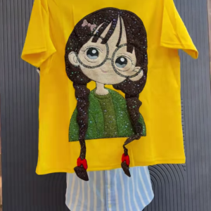 Cute Cartoon Girl Oversized T-Shirt for Women | Trendy Yellow Graphic Tee | Stylish Casual Top in Black, Yellow, White & Brown