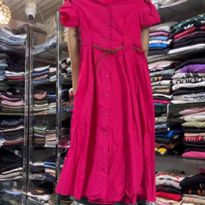 Korean Style Button Front Midi Dress for Women – Elegant Casual Summer Dress with Puff Sleeves, Waist Belt & Flowy Fit | Available in Black, Pink & Green