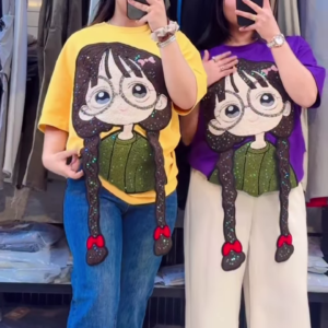 Women’s Oversized Cartoon Graphic T-Shirt – Trendy Korean Style Casual Tee for Girls | Cute Anime Printed Loose Fit Top | Stylish Daily Wear