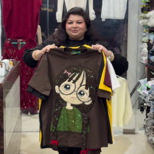 Women’s Oversized Cartoon Graphic T-Shirt – Trendy Korean Style Loose Fit Tee for Girls | Cute Anime Printed Casual Wear | Available in Black, Yellow, White & Brown