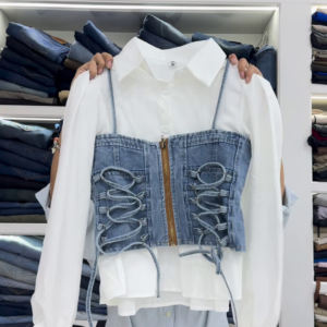Women’s Korean Style Denim Corset Shirt Top – Trendy Layered Denim Crop Top with White Shirt | Stylish Casual & Streetwear Fashion | Multiple Colours Available