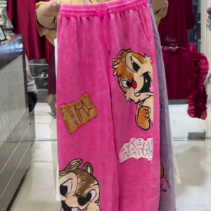 Women’s Cartoon Printed Wide Leg Palazzo Pants – Trendy Korean Style Oversized Lounge Pants for Girls | Cute Casual Streetwear | Available in Purple, White & Pink